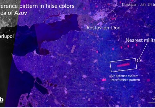 Radar imagery, captured between January 25 and January 30, 2023, shows air defense system interference patterns. Source: DFRLab via Sentinel-1 on 5Ghz Interference Locator via Google Earth Engine)